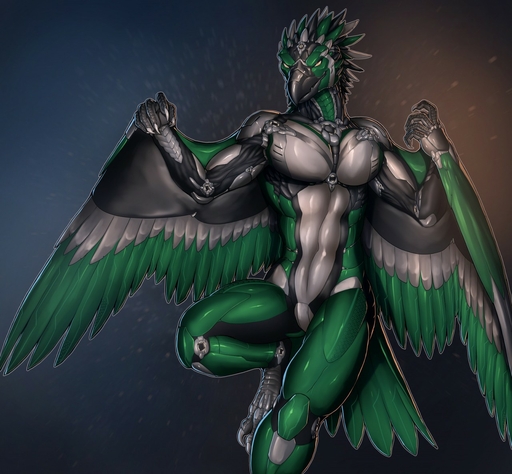 2016 abs ake anthro armor avian beak black_body black_feathers claws cybernetics cyborg digitigrade feathered_wings feathers front_view green_body green_feathers looking_at_viewer machine male navel pecs raised_leg rakisha solo talons toe_claws white_body white_feathers winged_arms wings // 1280x1186 // 241.2KB