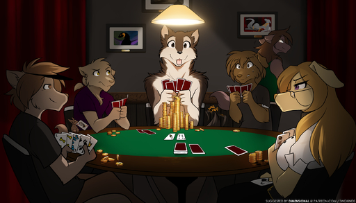 2020 7:4 annoyed anthro arm_tuft blep blonde_hair bodily_fluids breasts brown_eyes brown_hair brutus_(twokinds) canid canine canis card chair cheating_at_poker cleavage clothed clothing coin conditional_dnp dogs_playing_poker domestic_dog elbow_tufts english_text erilas_(twokinds) evals eyewear female feral furniture gambling glare glasses glowing glowing_eyes group hair headgear headwear hi_res holding_object inside keidran lamp looking_back male mammal mrs._nibbly natani nervous playing_card poker purple_eyes rodent sciurid sitting smile sweat sythe_(twokinds) table tailwag text tom_fischbach tongue tongue_out topless tree_squirrel tuft twokinds url visor webcomic webcomic_character wolf yellow_eyes zen_(twokinds) // 2240x1280 // 1.8MB