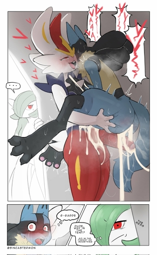 anthro balls biped blue_body blush bodily_fluids cinderace comic cum cum_in_ass cum_inside dialogue duo gardevoir generation_3_pokemon generation_4_pokemon generation_8_pokemon genital_fluids genitals green_body half-erect hi_res humanoid leaking_cum lucario male malemale pawpads penis pokemon_(species) red_body red_eyes sex sincastermon stand_and_carry_position standing standing_sex text thought_bubble url video_games white_body // 1260x2048 // 267.3KB