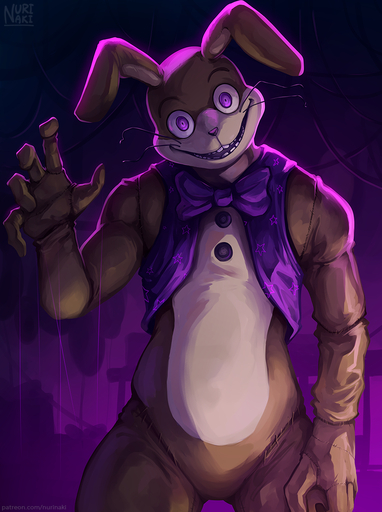 2021 anthro bow_tie brown_body brown_fur clothing fur glitchtrap lagomorph leporid looking_at_viewer male mammal multicolored_body multicolored_fur nurinaki purple_eyes rabbit smile solo tan_body tan_fur topwear two_tone_body two_tone_fur vest video_games whiskers // 858x1150 // 864.6KB