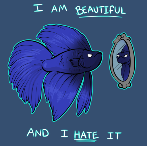 ambiguous_gender betta_(genus) blue_body conditional_dnp digital_media_(artwork) english_text feral fish frown gourami humor looking_at_mirror looking_at_object marine mirror reflection semi-anthro siamese_fighting_fish simple_background solo text tojo_the_thief // 1024x1015 // 616.1KB