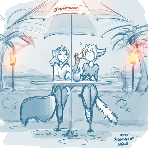 1:1 :3 anthro basitin beach beverage blush bodily_fluids canid canine clothed clothing conditional_dnp date duo ear_grab embarrassed eyes_closed female fox furniture hi_res keidran keith_keiser laura_(twokinds) male mammal monochrome palm_tree parasol plant seaside sitting sketch smile straw sweat table tom_fischbach torch tree twokinds webcomic webcomic_character // 1200x1200 // 1016.5KB