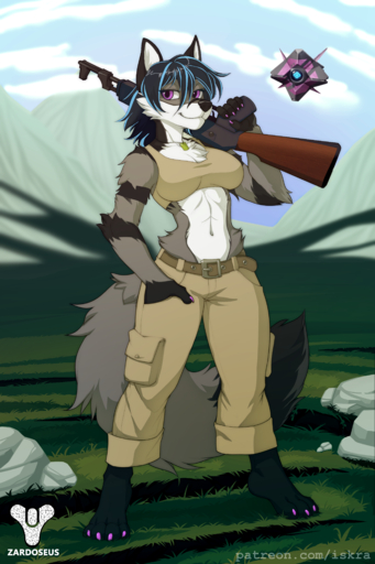 2019 2:3 4_toes abstract_background absurd_res anthro appropriate barefoot black_body black_fur blue_hair breasts canid canine canis claws clothed clothing detailed_background deymos digital_media_(artwork) eyelashes feet female fur grey_body grey_fox grey_fur gun hair hi_res hip_tuft iskra kyla_gray_(zardoseus) mammal military military_uniform outside purple_eyes ranged_weapon rifle smile solo text toes tuft uniform url urocyon weapon white_body white_fur zardoseus // 3000x4500 // 5.2MB