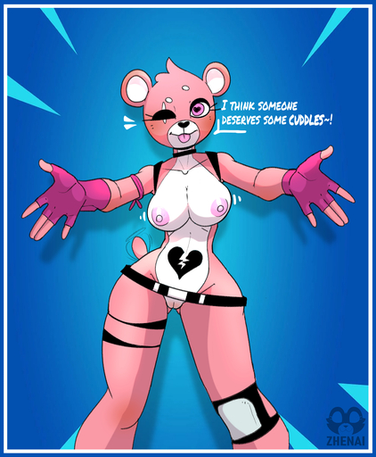 2022 <3 <3 <3_eyes anthro belt blue_background border breasts choker clothing cuddle_team_leader dialogue digital_drawing_(artwork) digital_media_(artwork) embrace exclamation_point eye_scar facial_scar female fingerless_gloves fur genitals gloves handwear heart_nose hi_res hug jewelry knee_pads mammal necklace nipples outstretched_arms pink_body pink_fur pussy scar simple_background solo speech_bubble speed_lines tail_motion tailwag talking_to_viewer tongue tongue_out ursid video_games white_border zhenai // 1247x1513 // 943.0KB