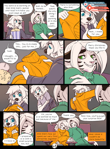 2019 5_fingers anthro blue_eyes breasts clothed clothing comic digital_media_(artwork) domestic_cat duo english_text estella_(zummeng) evie_(zummeng) felid feline felis female fingers green_eyes hair hi_res holiday_message holidays mammal pantherine smile text tiger white_hair zummeng // 1189x1600 // 1.1MB