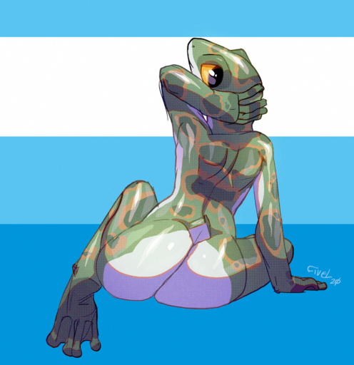 4_toes 5_fingers amphibian anthro big_butt big_eyes butt feet female fingers fivel frog green_body green_skin hand_behind_head looking_back membrane_(anatomy) nude rear_view simple_background sitting solo spots spotted_body toes webbed_feet // 1000x1033 // 1.7MB