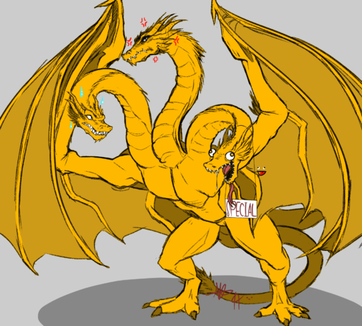 3_heads 3_toes annoyed belly big_wings bodily_fluids cheerful claws dragon english_text fangs feet feral godzilla_(series) grey_background half-closed_eyes hi_res horn hydra kaiju king_ghidorah long_neck long_tail long_tongue looking_at_another male membrane_(anatomy) membranous_wings multi_head multi_tail muscular muscular_feral muscular_male narrowed_eyes newworld-9 open_mouth overbite pecs pink_tongue scales scalie sharp_teeth sign simple_background solo spiked_tail spikes spikes_(anatomy) spread_wings standing sweat teeth text toes toho tongue webbed_feet wings yellow_body yellow_claws yellow_eyes yellow_scales // 2000x1802 // 2.0MB