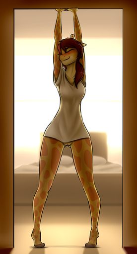 2017 absurd_res accidental_exposure anthro bed blush bottomless breasts brown_hair celine_louison clothed clothing eyes_closed female furniture genitals giraffe giraffid hair hi_res long_legs mammal pudgeruffian pussy smile solo standing stretching // 1294x2400 // 1.3MB