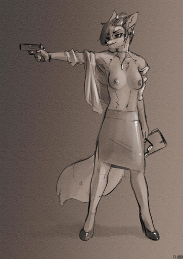 absurd_res anthro bottomwear bracelet breasts canid canine chest_tuft choker clothed clothing digital_media_(artwork) dipstick_tail dress_shirt ear_piercing eyewear female folder footwear fox foxboy83 front_view fur glasses greyscale gun hi_res high_heels holding_gun holding_object holding_weapon inner_ear_fluff jewelry mammal markings monochrome multicolored_body multicolored_fur necklace nipples open_clothing open_shirt open_topwear pencil_skirt piercing pointing_gun ranged_weapon shirt shoes skirt solo standing tail_markings topless topwear tuft two_tone_body two_tone_fur weapon // 2480x3508 // 15MB