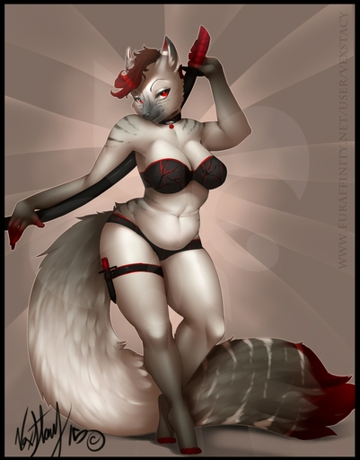 2015 anthro bra clothed clothing female hair hi_res knife mammal melee_weapon navel panties red_eyes red_hair skimpy slightly_chubby solo sword underwear vexstacy weapon // 1002x1280 // 143KB