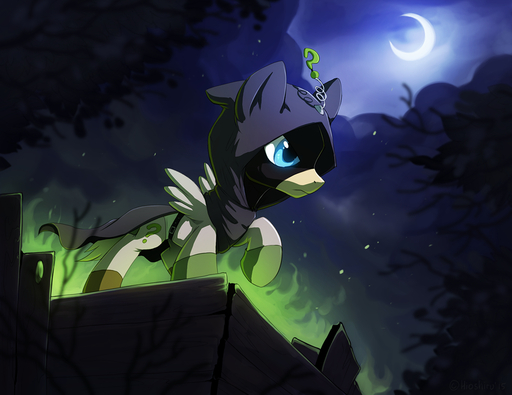 2015 ? ambiguous_gender blue_eyes colored_fire cutie_mark detailed_background equid equine feathered_wings feathers feral fire green_fire hioshiru hooded_cape hooves horse mammal moon mysterion night pegasus solo standing wings // 1100x849 // 737.1KB