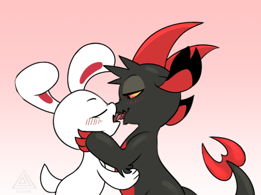 ambiguous_gender black_body blush claws deep_kiss dragon duo elicitie french_kissing fwench_fwy_(chikn_nuggit) hi_res iscream_(chikn_nuggit) kissing lagomorph leporid licking mammal nonbinary_(lore) open_mouth rabbit simple_background smile text thick_thighs tongue tongue_out tongue_wrap // 2899x2173 // 729.6KB