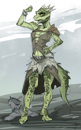 anthro argonian armor barefoot belt breasts claws cleavage clothed clothing contrapposto deeja feet female flexing green_body green_scales hi_res horn humanoid_feet johnfoxart looking_at_viewer narrowed_eyes open_mouth pauldron plantigrade pupils scales scalie shackles slit_pupils solo teeth toe_claws topwear video_games yellow_sclera // 1344x2160 // 1.3MB