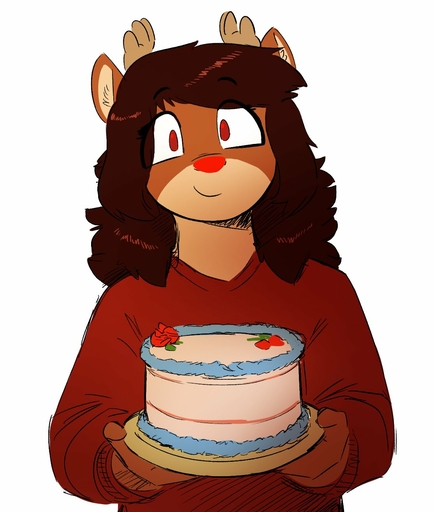 anthro cake capreoline cervid clothing dessert female food glowing glowing_nose hi_res mammal red_clothing red_eyes red_nose red_sweater red_topwear reindeer rue_(the-minuscule-task) simple_background solo sweater the-minuscule-task topwear waist_up white_background // 1115x1316 // 139.1KB
