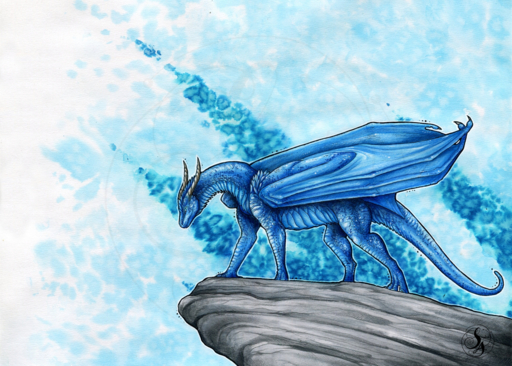 2019 ambiguous_gender blue_body blue_scales claws dragon feral hi_res horn membrane_(anatomy) membranous_wings natoli rock scales scalie solo spines standing traditional_media_(artwork) western_dragon wings // 1600x1143 // 3.0MB