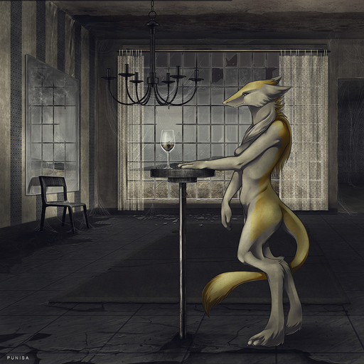 1:1 anthro biped chair chandelier curtains digitigrade female furniture glass inside looking_at_viewer mammal mirror nude punisa sergal solo standing table yellow_body yellow_eyes // 900x900 // 323.5KB