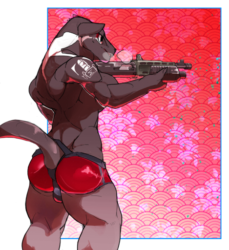 2018 absurd_res anthro biped canid canine clothed clothing con5710 gun hi_res holding_gun holding_object holding_weapon male mammal muscular muscular_anthro muscular_male ranged_weapon solo standing topless underwear weapon // 4400x4800 // 11.3MB