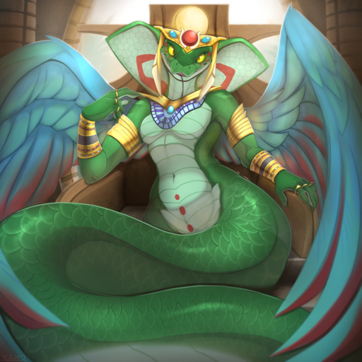 1:1 2017 apode armlet armor bracers breasts claws cobra conditional_dnp crown deity draconcopode feathered_wings feathers featureless_breasts female forked_tongue gem green_body green_scales hi_res jewelry legless looking_at_viewer naga navel non-mammal_breasts reptile ring scales scalie scappo serpentine sitting smile snake solo tongue tongue_out wadjet wings yellow_sclera // 1500x1500 // 3.1MB
