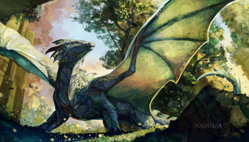 2019 ambiguous_gender claws day detailed_background digital_media_(artwork) dragon feral grass hashiara horn membrane_(anatomy) membranous_wings outside plant scales scalie sky smile solo spines tree western_dragon wings // 1280x730 // 1.8MB