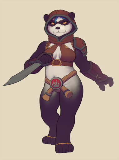 anthro armor barely_visible_genitalia barely_visible_pussy belt blizzard_entertainment bottomless clothed clothing digital_media_(artwork) female genitals hair hi_res mammal melee_weapon multicolored_hair pandaren partially_clothed pussy simple_background snowskau solo standing sword two_tone_hair ursid video_games warcraft weapon yellow_eyes // 1118x1500 // 688.6KB