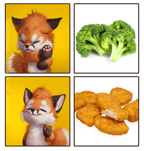 ambiguous_gender broccoli canid canine canis chicken_meat chicken_nugget food fox fur mammal meat plant silverfox5213 simple_background vegetable // 668x700 // 307.4KB