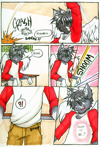 anthro clothed clothing comic dialogue digital_media_(artwork) domestic_cat english_text feathered_wings feathers felid feline felis fully_clothed licking licking_lips male mammal meesh self_lick shirt solo sound_effects speech_bubble text tongue tongue_out topwear traditional_media_(artwork) wings // 440x640 // 115KB