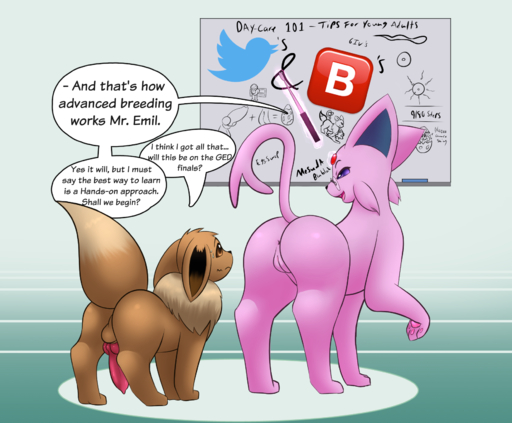 anglo animal_genitalia animal_penis balls butt canine_penis dialogue digital_media_(artwork) duo eevee eeveelution english_text erection espeon female feral fur genitals hi_res male mammal nintendo open_mouth penis pokemon pokemon_(species) pussy sex_education simple_background student teacher teacher_and_student text video_games // 1742x1438 // 943.4KB