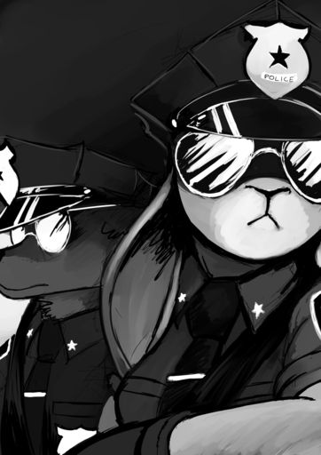 anthro canid canine clothing disney duo eyewear female fox greyscale hat headgear headwear hi_res hladilnik judy_hopps lagomorph leporid male mammal monochrome nick_wilde police_uniform rabbit sunglasses uniform zootopia // 905x1280 // 582KB