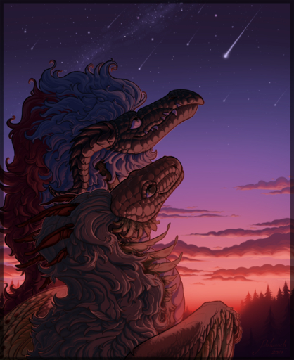 2019 detailed_background digital_media_(artwork) dragon duo feral fur furred_dragon hi_res horn outside polunoch sky smile star starry_sky twilight wingless_dragon // 1471x1800 // 2.1MB