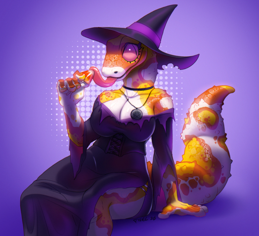 2020 5_fingers abstract_background anthro big_breasts breasts candy clothed clothing dessert digital_media_(artwork) dress female fingers fivel food gecko halloween hat headgear headwear holidays lizard long_tongue magic_user non-mammal_breasts purple_sclera reptile scales scalie sitting smile snout solo thick_tail tongue witch witch_costume witch_hat // 1280x1166 // 2.9MB