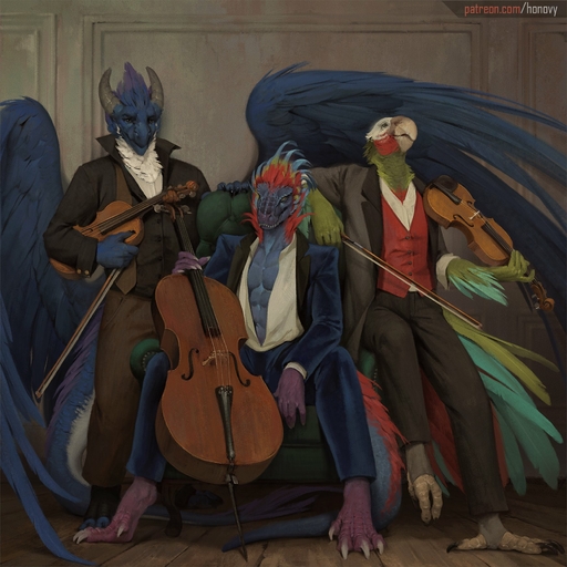 1:1 2020 3_toes 4_toes 5_fingers abs anthro avian barefoot beak bird blue_body blue_feathers bowed_string_instrument cello clothed clothing detailed_background digital_media_(artwork) dinosaur dragon dromaeosaurid feathered_dragon feathered_wings feathers feet fingers group hi_res honovy male musical_instrument parrot reptile scalie sitting standing string_instrument text theropod toes url violin wings // 1750x1750 // 412.1KB