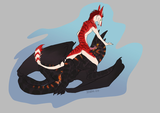 2016 dragon duo ember_(haloudoval) female feral fur male malefemale membrane_(anatomy) membranous_wings red_body red_fur scalie sergal velannal western_dragon wings // 1200x848 // 335.3KB