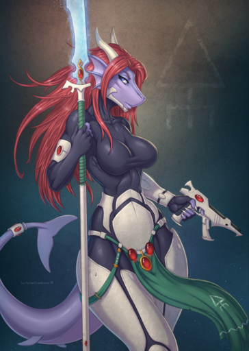 2019 5_fingers aeldari anthro aurancreations blue_eyes bottomwear breasts clothed clothing dirii ear_frill female fin fingers fish frill_(anatomy) fully_clothed gun hair hi_res holding_object holding_weapon horn jewelry loincloth marine melee_weapon membrane_(anatomy) membranous_frill non-mammal_breasts polearm ranged_weapon red_hair shark shark_tail simple_background solo spear standing tail_jewelry tail_ring weapon // 910x1280 // 2.1MB