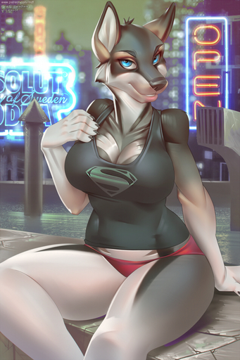 2016 anthro big_breasts biped black_body black_fur blue_eyes breasts brown_body brown_fur canid canine canis city cleavage clothed clothing dc_comics domestic_dog english_text female fur grey_body grey_fur light looking_at_viewer mammal miles_df panties runa_(theredhare) shirt sitting smile solo spitz swedish_vallhund text topwear underwear white_body white_fur // 633x950 // 546.3KB