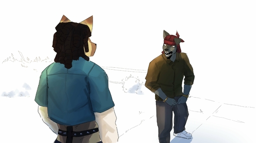absurd_res anthro bottomwear canid canine canis clothing devin_(yungyiff) domestic_dog duo durag fangs footwear german_shepherd goon_(goonie_san) goonie-san grand_theft_auto grand_theft_auto_v herding_dog hi_res male malemale mammal meme outside pants pastoral_dog rockstar_games shirt shoes simple_background teeth topwear video_games wolf // 4096x2298 // 323.8KB