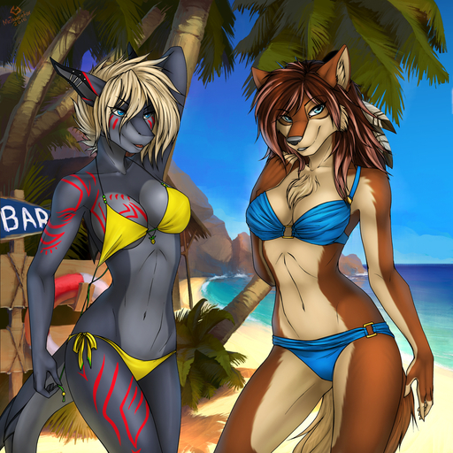 1:1 2016 accessory anthro beach bikini blonde_hair blue_eyes bra breasts brown_body brown_fur brown_hair canid canine canis cheek_tuft chest_tuft cleavage clothed clothing collaboration collarbone day detailed_background duo ear_piercing elvofirida eyebrows eyelashes facial_tuft feather_in_hair feathers female fish fur hair hair_accessory hand_behind_head hi_res industrial_piercing inner_ear_fluff macmegagerc mammal marine markings navel non-mammal_breasts outside palm_tree panties piercing plant raised_arm red_markings sand sea seaside selina_zifer shark sign skimpy sky smile sushi_(zimatehwulf) swimwear tree tuft under_boob underwear water wolf // 1400x1400 // 2.7MB