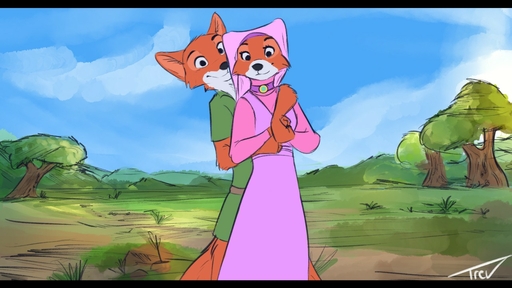 16:9 anthro black_bars canid canine clothed clothing duo female fox fur grass letterbox looking_at_viewer maid_marian male mammal orange_body orange_fur outside plant robin_hood tree trevart widescreen // 1280x720 // 161.3KB