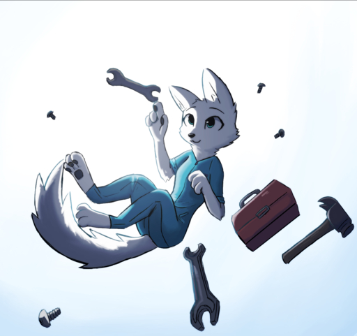 anthro arctic_fox barefoot biped canid canine clothed clothing disney enginetrap falling feet female fox fur green_eyes hammer hi_res mammal screw skye_(zootopia) solo toolbox tools vulpes white_body white_fur wrench zootopia // 1500x1410 // 1002.3KB