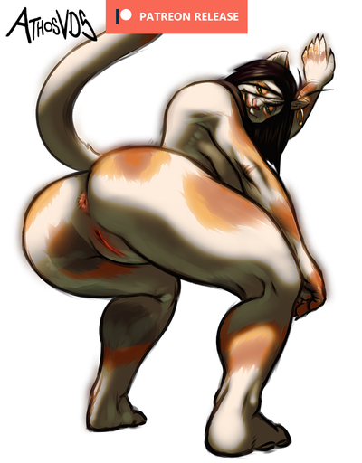anthro anus athosvds biped black_hair butt claire domestic_cat ear_piercing english_text felid feline felis female genitals green_eyes hair looking_at_viewer mammal patreon patreon_logo piercing pussy solo text // 921x1180 // 719.7KB