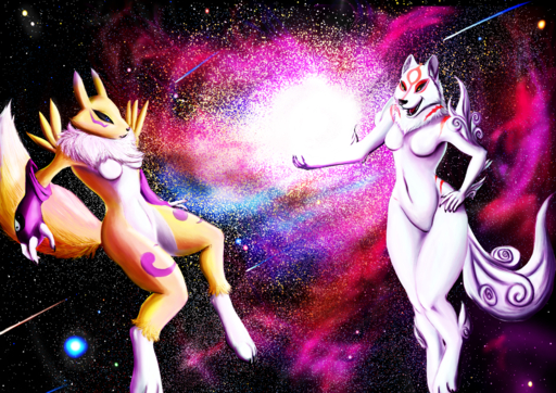 3_fingers 5_fingers absurd_res amaterasu anthro armwear breasts bridal_gauntlets canid canine canis capcom chest_tuft clothing deity digimon digimon_(species) duo featureless_breasts featureless_crotch female fingers fur hi_res mammal mostly_nude navel nude renamon sabrotiger space tuft video_games white_body white_fur wolf yellow_body yellow_fur yin_yang ōkami // 3508x2481 // 11.7MB