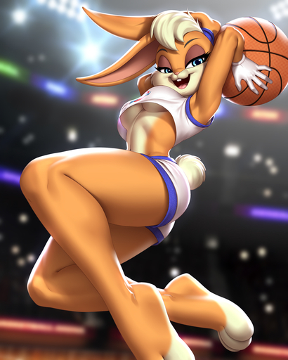 2021 anthro ball basketball_(ball) blonde_hair blue_eyes breasts buckteeth clothed clothing female fur hair hi_res lagomorph leporid lola_bunny looking_at_viewer looney_tunes mammal multicolored_body multicolored_fur open_mouth pak009 rabbit solo space_jam tan_body tan_fur teeth tongue two_tone_body two_tone_fur under_boob warner_brothers // 1024x1280 // 649.6KB
