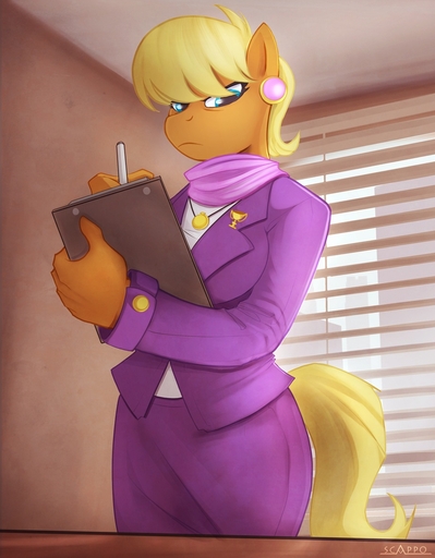 2013 anthro anthrofied blonde_hair blue_eyes clipboard clothed clothing conditional_dnp ear_piercing earth_pony equid equine female friendship_is_magic fully_clothed hair hasbro horse jewelry looking_at_viewer mammal mature_anthro mature_female ms._harshwhinny_(mlp) my_little_pony necklace pen piercing pony scappo scarf solo // 921x1183 // 252.3KB