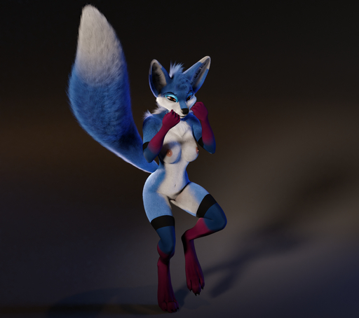 3d_(artwork) angry anthro blue_body blue_fur canid canine clothing digital_media_(artwork) dipstick_tail female fight fighting_pose fox fur gloves_(marking) legwear looking_at_viewer mammal markings mostly_nude multicolored_tail nipples nude pose ruaidri simple_background solo thigh_highs titord // 1144x1014 // 929.2KB