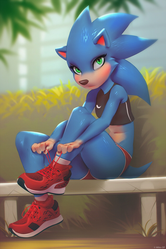 2019 anthro biped bottomwear bra clothing crossgender detailed_background eulipotyphlan female footwear front_view green_eyes gym_bottomwear gym_clothing gym_shorts hedge hedgehog looking_at_viewer mammal midriff miles_df mtf_crossgender navel running_shoes shoes shorts sitting solo sonic_the_hedgehog sports_bra underwear // 633x950 // 517.6KB