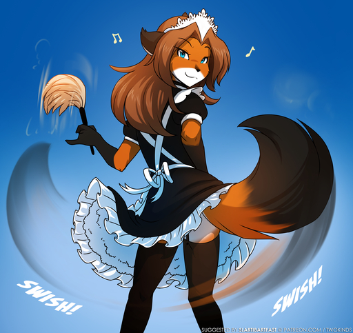 2021 anthro apron black_body black_fur blue_background butt_wiggle canid canine cleaning_tool clothed clothing conditional_dnp dress dusting feather_duster female fox fur garter_straps gloves_(marking) hi_res holding_object humming keidran laura_(twokinds) legwear looking_at_viewer looking_back maid_uniform mammal markings multicolored_body multicolored_fur musical_note onomatopoeia rear_view red_body red_fur simple_background smile smirk solo sound_effects stockings tailwag text thigh_highs tom_fischbach twokinds uniform webcomic white_body white_fur // 1358x1280 // 1.6MB