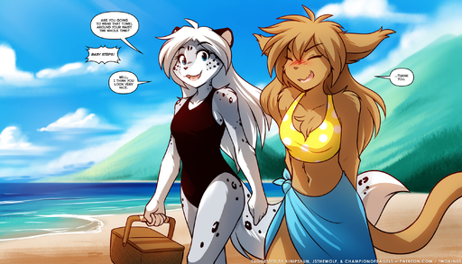 2019 7:4 aged_up anthro basitin basket beach bikini blue_eyes blush brown_body brown_fur brown_hair chest_tuft clothing conditional_dnp detailed_background dialogue duo embarrassed english_text eyes_closed felid female fur grey_body grey_fur hair hi_res holding_object keidran looking_aside madelyn_adelaide maeve_(twokinds) mammal midriff multicolored_body multicolored_fur navel one-piece_swimsuit open_mouth outside pantherine seaside smile snow_leopard spots spotted_body spotted_fur swimwear text tom_fischbach tuft twokinds walking webcomic webcomic_character white_body white_fur white_hair // 2240x1280 // 2.5MB