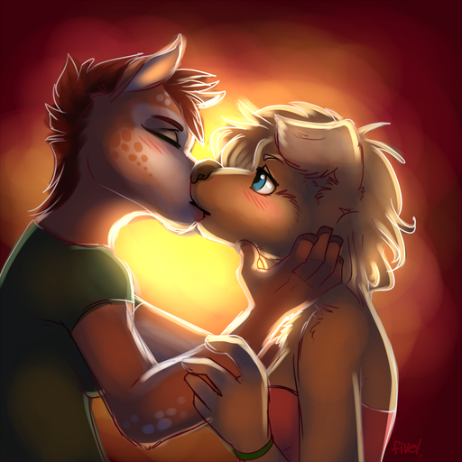 1:1 2013 anthro blue_eyes blush breasts canid canine canis cervid clothing digital_media_(artwork) domestic_dog duo eye_contact eyes_closed female femalefemale fivel hand_on_face hi_res kissing looking_at_another love mammal romantic romantic_ambiance romantic_couple side_view simple_background // 1200x1200 // 1.0MB