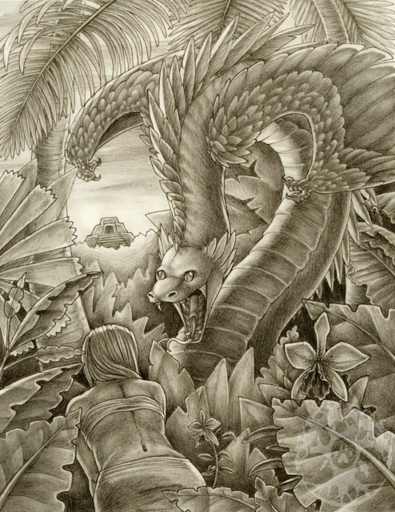 2006 american_mythology aztec_mythology deity detailed_background dragon duo feral forest human jungle katie_hofgard mammal mesoamerican_mythology mythology open_mouth plant quetzalcoatl teeth tongue traditional_media_(artwork) tree // 494x640 // 718.7KB