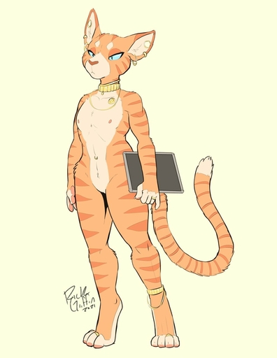 2021 anklet anthro blue_eyes collar digit_ring ear_piercing felid female flat_chested fur geordian hi_res jewelry mammal moani_(fdotwf2) navel navel_piercing nude orange_body orange_fur piercing rick_griffin ring solo tablet toe_ring // 989x1280 // 80.4KB