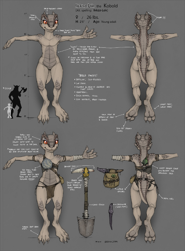 2014 anthro armor clothing ecmajor english_text female hi_res horn ikkxa-lik kobold lizard model_sheet nude orange_eyes reptile scalie simple_background solo text unconvincing_armor weapon // 1512x2056 // 2.7MB